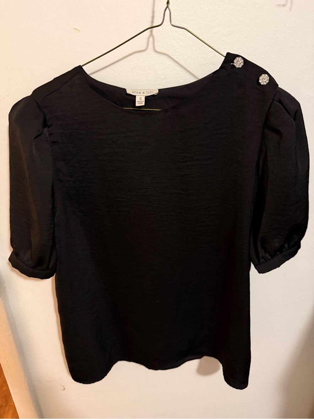 Black Puff Sleeve Blouse with Decorative Shoulder Buttons